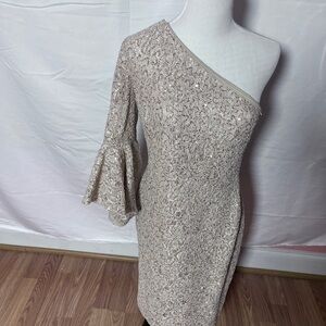 Calvin Klein One-Shoulder Cream Sequin Dress